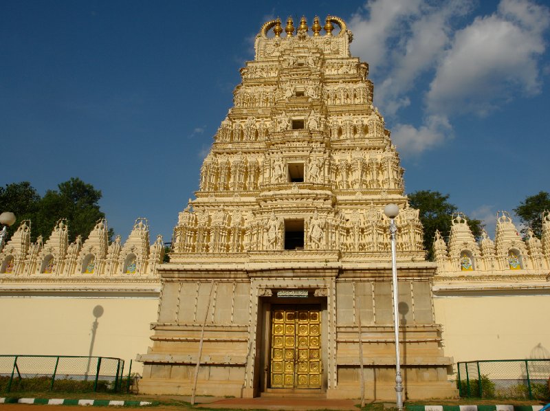The golden door entrance of the Sri Bhuvaneswari temple in Mysore., India