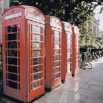 Classical red telephone booths in London.