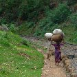 Mother and son carrying food along the railway in India.